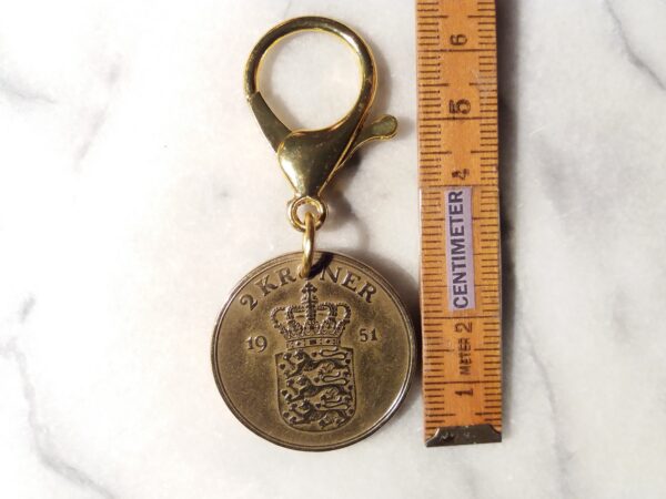 Denmark 1951 coin keychain with Coat of Arms. 73 year old golden big Danish 2 kroner as coin pendant