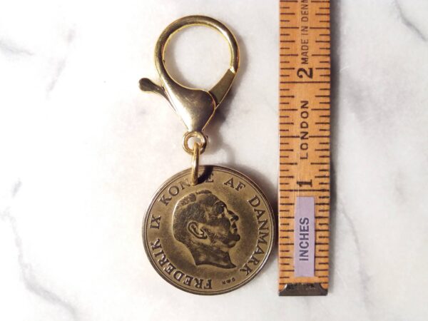 Denmark 1951 coin keychain with Coat of Arms. 73 year old golden big Danish 2 kroner as coin pendant