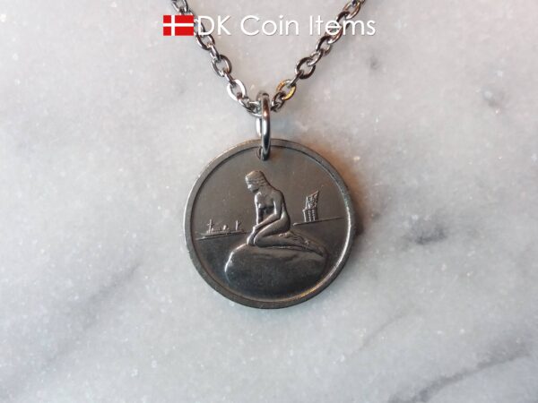 Denmark Little Mermaid coin pendant necklace. Copenhagen Little Mermaid fare token