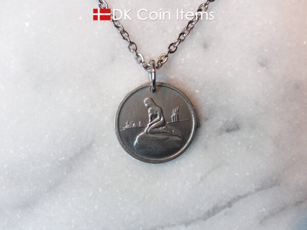 Denmark Little Mermaid coin pendant necklace. Copenhagen Little Mermaid fare token