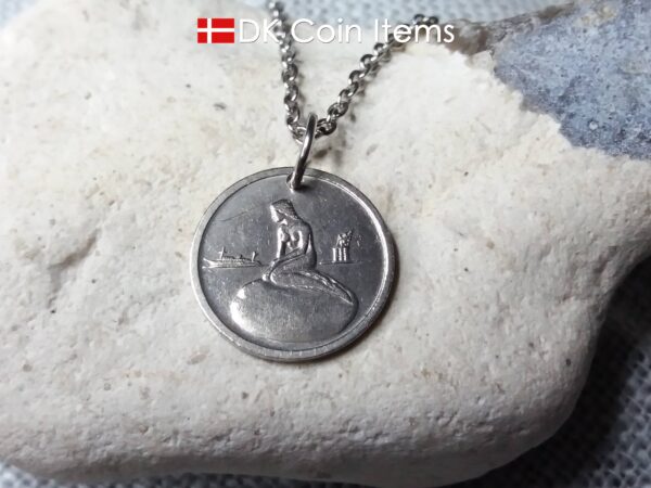 Denmark Little Mermaid coin pendant necklace. Copenhagen Little Mermaid fare token