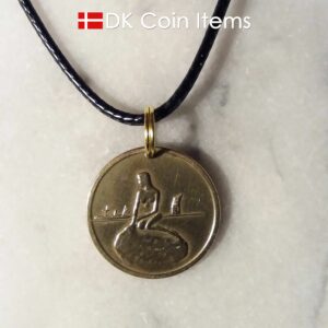 Denmark Little Mermaid coin necklace with Copenhagen Little Mermaid fare token.