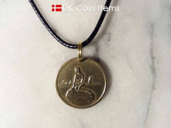 Denmark Little Mermaid coin necklace with Copenhagen Little Mermaid fare token.