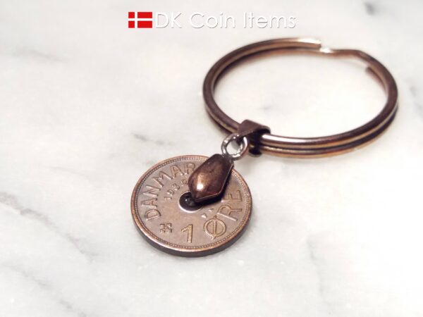 Denmark 1932 C coin keychain. 92 year old Danish 1 ore as coin pendant