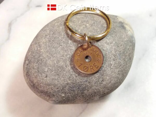 Denmark 1937 C coin keychain with 87 year old Danish 1 ore coin pendant