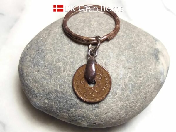 Denmark 1937 C coin keychain. 87 year old Danish 1 ore coin pendant