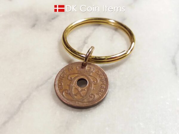 Denmark 1937 C coin keychain with 87 year old Danish 1 ore coin pendant