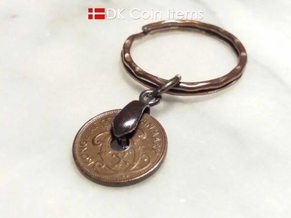 Denmark 1937 C coin keychain. 87 year old Danish 1 ore coin pendant