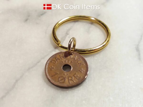 Denmark 1937 C coin keychain with 87 year old Danish 1 ore coin pendant