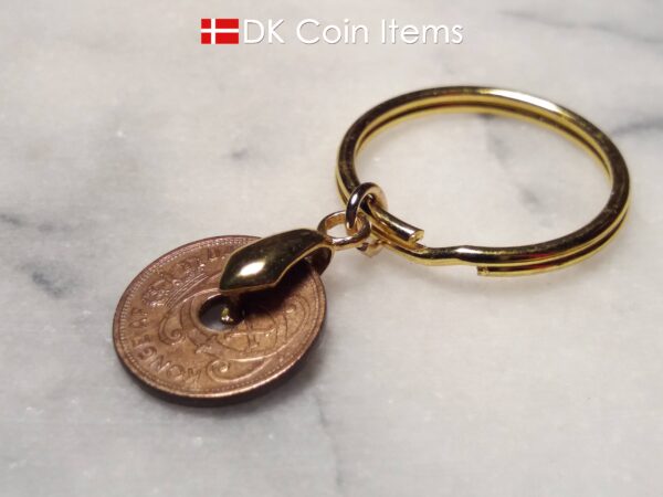 Denmark 1940 C coin keychain. 84 year old Danish 1 ore as coin pendant