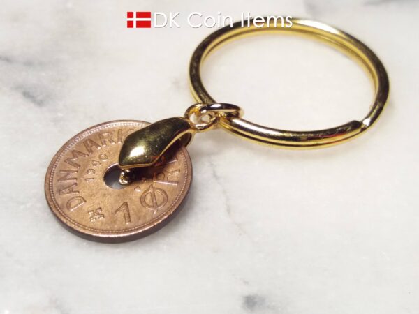 Denmark 1940 C coin keychain. 84 year old Danish 1 ore as coin pendant