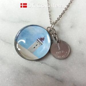 Denmark 1969 R coin + cabochon pendant necklace. 55 year old Danish 1 ore coin. Lighthouse picture.