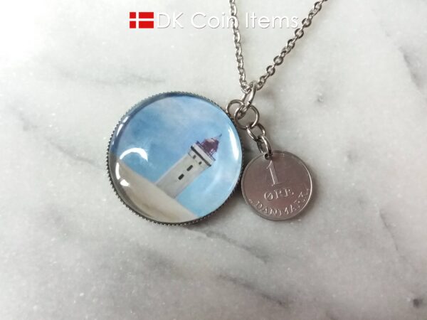 Denmark 1969 R coin + cabochon pendant necklace. 55 year old Danish 1 ore coin. Lighthouse picture.