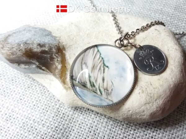 Denmark 1969 R coin + cabochon pendant necklace. 55 year old Danish 1 ore coin. Møns Klint picture.