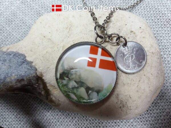 Denmark 1969 R coin + cabochon pendant necklace. 55 year old Danish 1 ore coin. Bronze age picture.