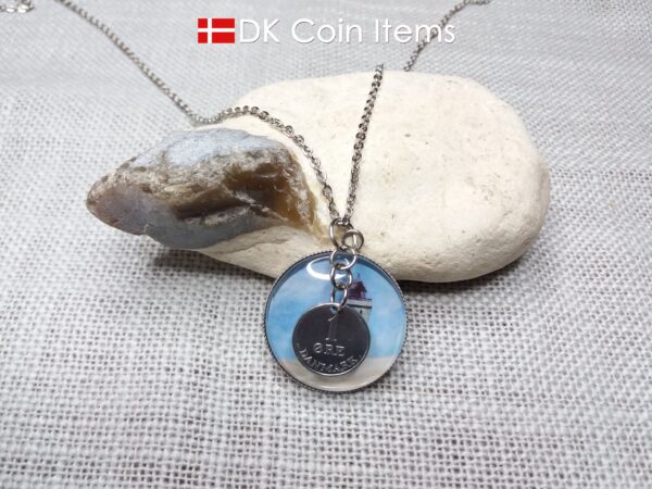 Denmark 1969 R coin + cabochon pendant necklace. 55 year old Danish 1 ore coin. Lighthouse picture.