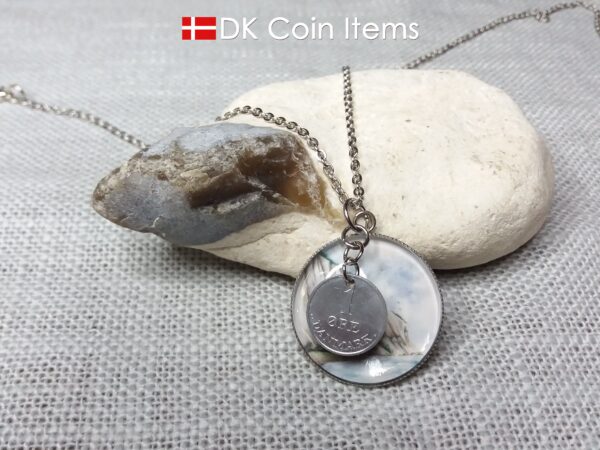 Denmark 1969 R coin + cabochon pendant necklace. 55 year old Danish 1 ore coin. Møns Klint picture.