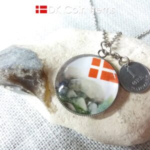 Denmark 1969 R coin + cabochon pendant necklace. 55 year old Danish 1 ore coin. Bronze age picture.