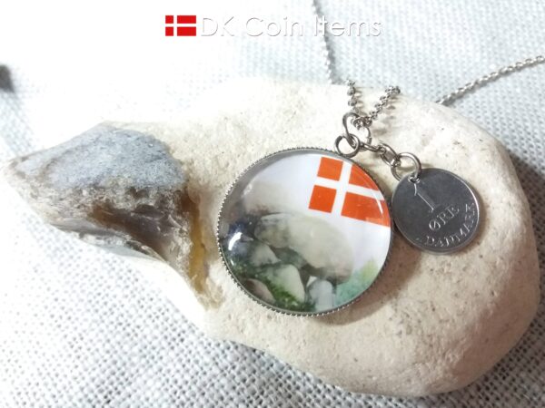 Denmark 1969 R coin + cabochon pendant necklace. 55 year old Danish 1 ore coin. Bronze age picture.