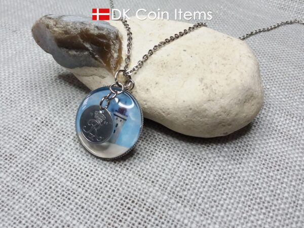 Denmark 1969 R coin + cabochon pendant necklace. 55 year old Danish 1 ore coin. Lighthouse picture.