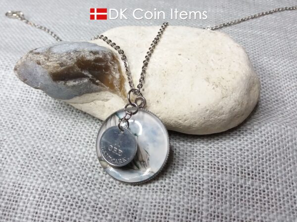 Denmark 1969 R coin + cabochon pendant necklace. 55 year old Danish 1 ore coin. Møns Klint picture.