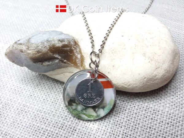 Denmark 1969 R coin + cabochon pendant necklace. 55 year old Danish 1 ore coin. Bronze age picture.