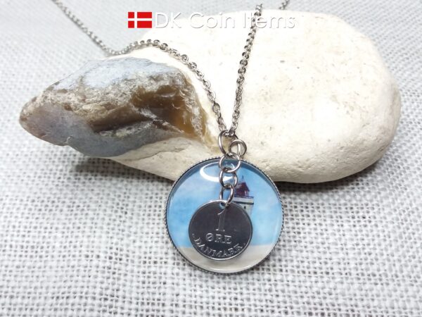 Denmark 1969 R coin + cabochon pendant necklace. 55 year old Danish 1 ore coin. Lighthouse picture.