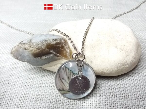 Denmark 1969 R coin + cabochon pendant necklace. 55 year old Danish 1 ore coin. Møns Klint picture.