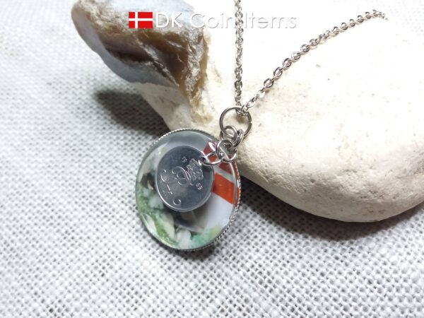 Denmark 1969 R coin + cabochon pendant necklace. 55 year old Danish 1 ore coin. Bronze age picture.