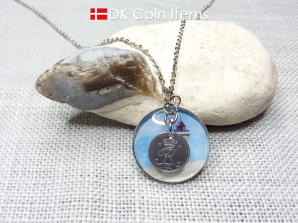 Denmark 1969 R coin + cabochon pendant necklace. 55 year old Danish 1 ore coin. Lighthouse picture.