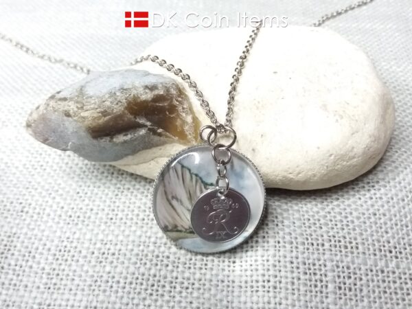 Denmark 1969 R coin + cabochon pendant necklace. 55 year old Danish 1 ore coin. Møns Klint picture.