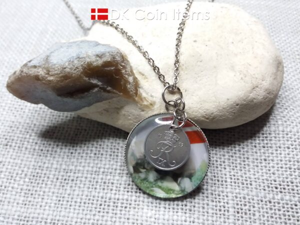 Denmark 1969 R coin + cabochon pendant necklace. 55 year old Danish 1 ore coin. Bronze age picture.