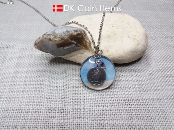 Denmark 1969 R coin + cabochon pendant necklace. 55 year old Danish 1 ore coin. Lighthouse picture.