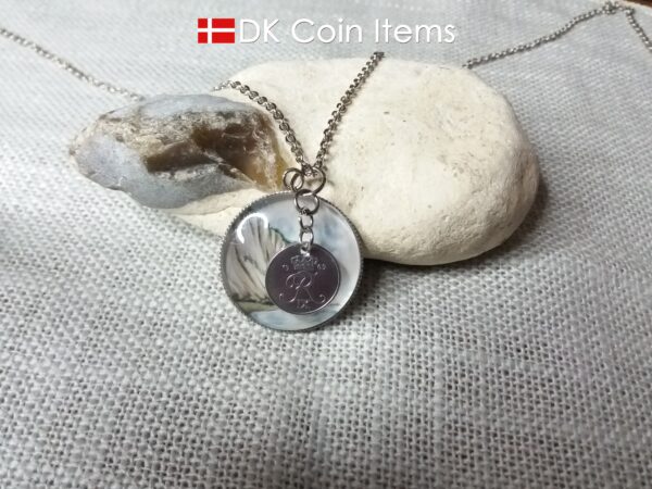 Denmark 1969 R coin + cabochon pendant necklace. 55 year old Danish 1 ore coin. Møns Klint picture.