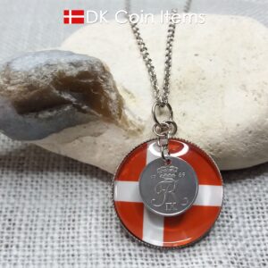 Denmark 1969 R coin + cabochon pendant necklace. 55 year old Danish 1 ore coin. Flag picture.