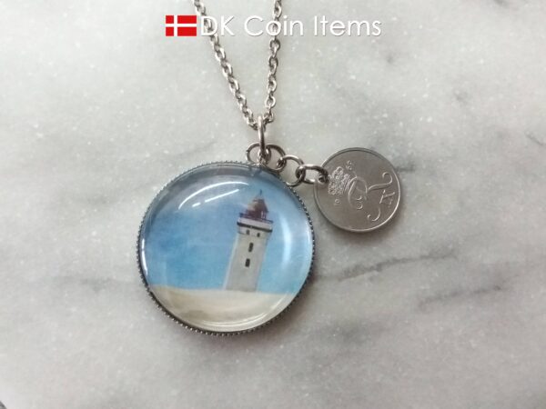 Denmark 1969 R coin + cabochon pendant necklace. 55 year old Danish 1 ore coin. Lighthouse picture.