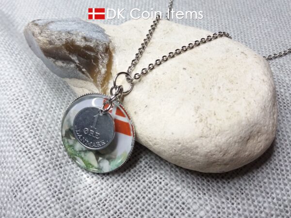 Denmark 1969 R coin + cabochon pendant necklace. 55 year old Danish 1 ore coin. Bronze age picture.