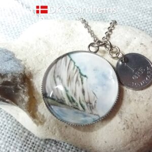 Denmark 1969 R coin + cabochon pendant necklace. 55 year old Danish 1 ore coin. Møns Klint picture.