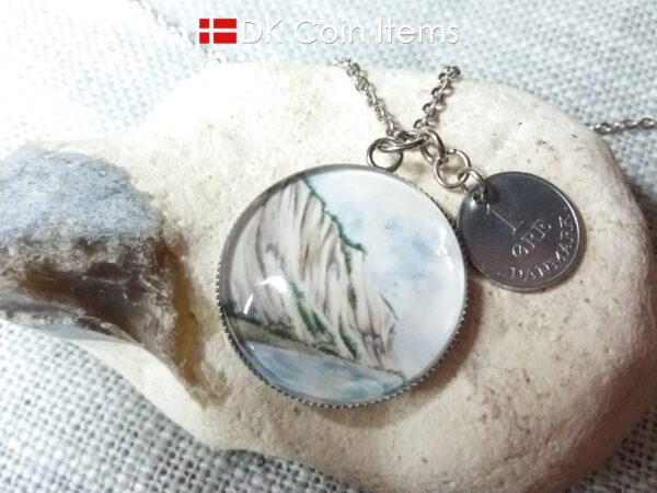 Denmark 1969 R coin + cabochon pendant necklace. 55 year old Danish 1 ore coin. Møns Klint picture.