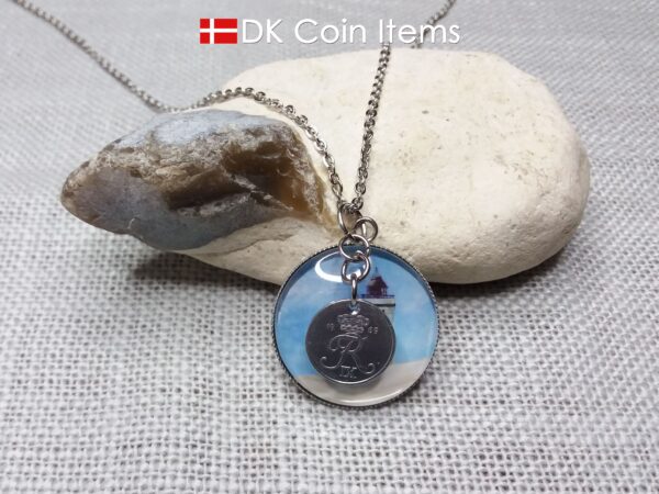 Denmark 1969 R coin + cabochon pendant necklace. 55 year old Danish 1 ore coin. Lighthouse picture.