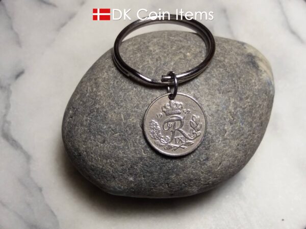 Denmark 1952 R coin keychain. 72 year old Danish 10 ore as coin pendant