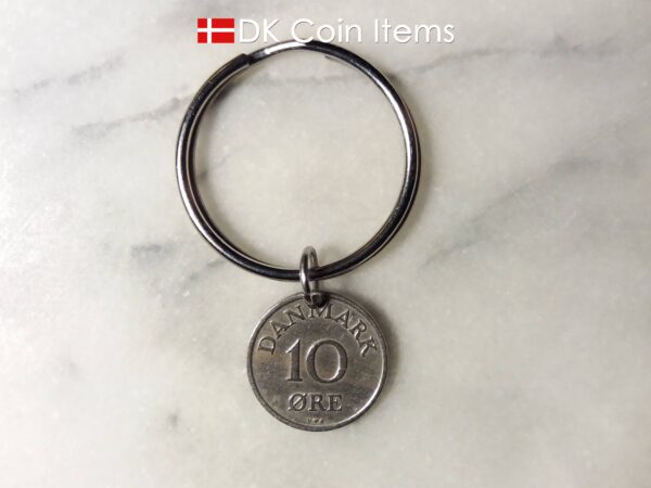 Denmark 1952 R coin keychain. 72 year old Danish 10 ore as coin pendant