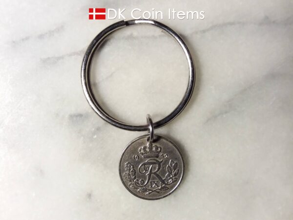 Denmark 1952 R coin keychain. 72 year old Danish 10 ore as coin pendant