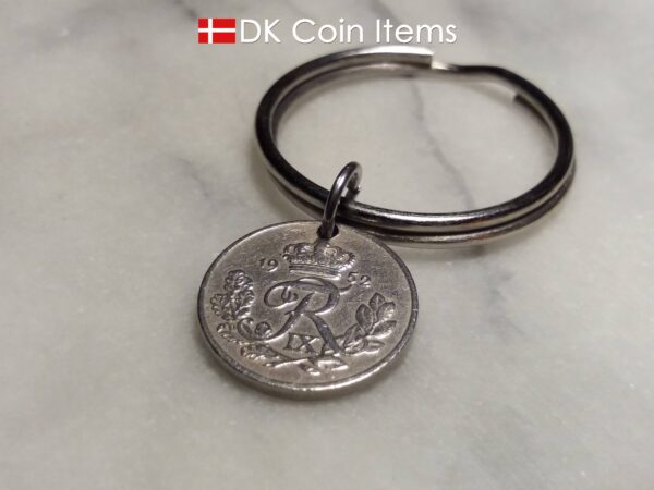 Denmark 1952 R coin keychain. 72 year old Danish 10 ore as coin pendant