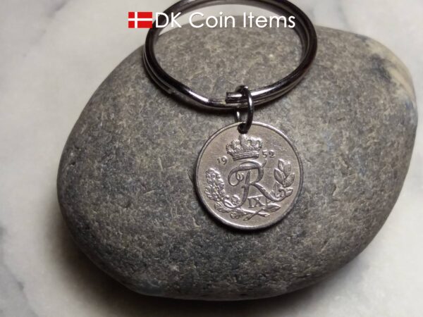 Denmark 1952 R coin keychain. 72 year old Danish 10 ore as coin pendant