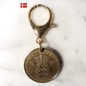 Denmark 1956 coin keychain with Coat of Arms. 68 year old golden big Danish 2 kroner as coin pendant