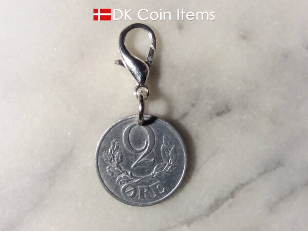 Denmark 1941 C coin charm. 83 year old Danish 2 ore coin pendant on lobster claw clasp