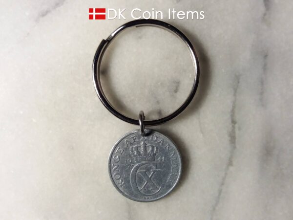 Denmark 1941 C coin keychain. 83 year old Danish 2 ore as coin pendant