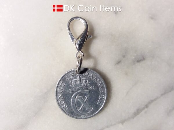 Denmark 1941 C coin charm. 83 year old Danish 2 ore coin pendant on lobster claw clasp