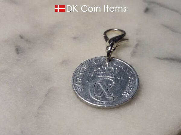 Denmark 1941 C coin charm. 83 year old Danish 2 ore coin pendant on lobster claw clasp